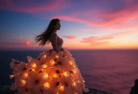 A surreal image of a young woman standing on a cliff at twilight, her gown made of glowing, wind-swept petals and sea shells. Her hair flows freely in the wind, and her eyes are focused on the distant horizon. The sky behind her is painted with vibrant hues of pink and purple, fading into the starry night.