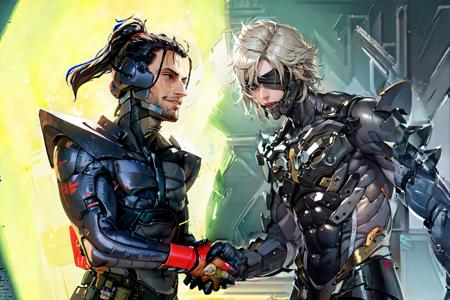 masterpiece, best quality, 2boys, <lora:concept_handshake:0.55>, handshake,
BREAK JetstreamSam, <lora:JetstreamSam:0.8>, cyborg, bodysuit,
BREAK, raidenmgr, (one eye covered:1.3), <lora:Char_MGR_Raiden:0.9>