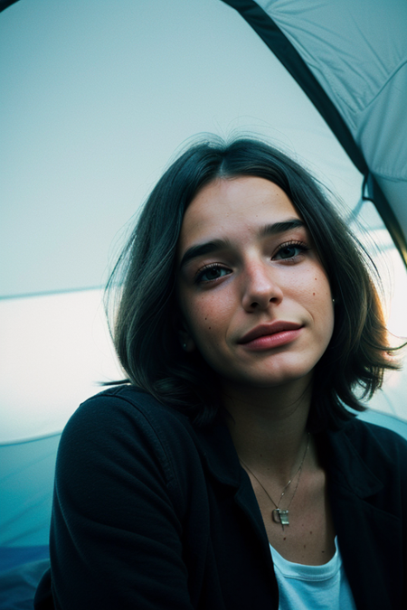 KiriaMalheiros, portrait, photography by (Jeanloup Sieff:1.3), ((sitting inside camping tent, flashlight glow, fleece top)), blue light, modelshoot, pose, (closeup on upper body:1.3), (night, dark, dark photo, grainy, dimly lit), editorial photograph, film grain, depth of field, analog film style, vivid color, looking at viewer, ((chiaroscuro, emotional impact, vivid, strong contrasts, stylized lighting, movie screenshot, colored gels, gritty, movie still, fog, cold)), ultrarealistic, noise