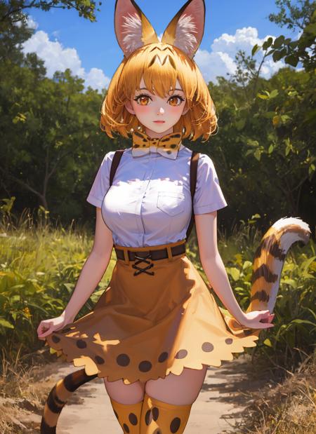 beautiful, masterpiece, best quality, realistic photo 1girl, serval,  blonde hair,  cat ears, cat tail, high-waist skirt, highres, kemono friends, large breasts, looking at viewer, orange eyes, thighhighs  <lora:my_ServalKemonoFriends_v1:0.6>