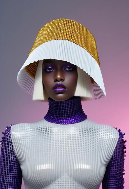 The image is a high-resolution photograph of a woman with a striking, avant-garde fashion statement. She has a fair complexion and straight, platinum blonde hair styled in a bob cut. Her eyes are a striking blue, and she has a light pink blush on her cheeks. She is wearing an elaborate, handmade headpiece that covers her face and head. The headpiece is a vibrant, intricate piece of jewelry made from a combination of materials including beads, sequins, and possibly some metal elements.
The image is a high-fashion photograph featuring a person standing against a solid, gradient background transitioning from a deep yellow at the top to a mustard yellow at the bottom. The subject is a person with dark skin, dressed in an avant-garde outfit. They are wearing a striking, oversized, ruffled, deep purple hat that resembles a large, pleated fan, which dominates the upper part of the image.
The image is a high-fashion photograph featuring a young woman standing against a minimalist, light-filled background with a white floor and ceiling that appears to be made of a reflective material, casting a grid pattern of light and shadow across the scene. The woman is dressed in a striking, avant-garde outfit. She wears a long-sleeved, high-neck top in a light grey knit fabric with a high collar, which is paired with a unique, asymmetrical skirt.