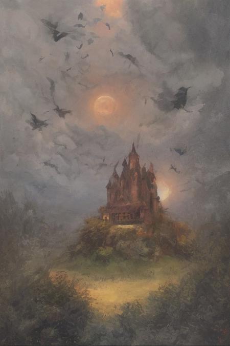 oil painting, of a castle on a cliff, forest, night, a flock of bats flying in the dark sky, reddish moon, clouds tainted red, dark theme, still life, shadows, haunted castle