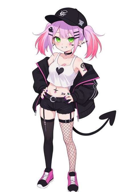 1girl,tokoyami towa,virtual youtuber,solo,piercing,long hair,green eyes,twintails,purple hair,tail,shorts,hat,fishnets,navel piercing,hands on hips,single thighhigh,cropped jacket,navel,multicolored hair,smile,full body,horns,demon tail,shoes,hairclip,looking at viewer,black shorts,midriff,choker,pink hair,tail ornament,jacket,black headwear,white jacket,fake horns,tail piercing,thighhighs,horned headwear,ear piercing,hair ornament,short shorts,white background,simple background,baseball cap,black choker,off shoulder,crop top,bibi (tokoyami towa),o-ring choker,grin,belt,asymmetrical legwear,sneakers,o-ring,pointy ears,long sleeves,legwear garter,black footwear,barbell piercing,fishnet thighhighs,uneven legwear,streaked hair,nail polish,standing,industrial piercing,collarbone,black tank top,multicolored nails,heart tattoo,tank top,bare shoulders,sidelocks,pink nails,thigh strap,breasts,two-tone hair,bandaid,bangs,mismatched footwear,bandaid on leg,asymmetrical footwear,