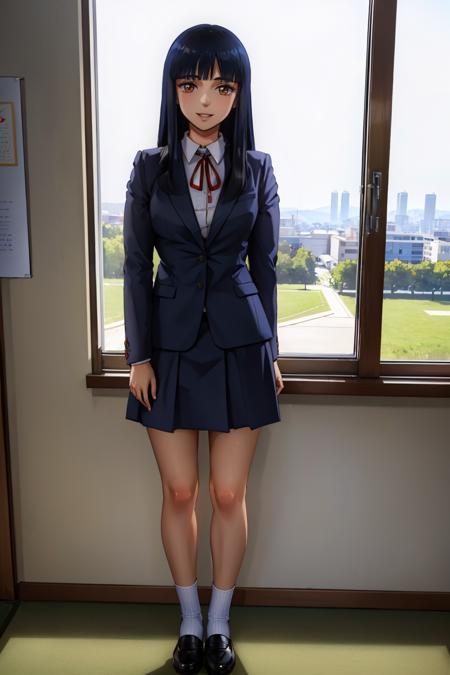 beautiful, masterpiece, best quality, beautiful, looking at viewer, classroom, smile, full body
 <lora:yumiko:1> yumikomt, long hair, school uniform, blunt bangs, black hair, neck ribbon