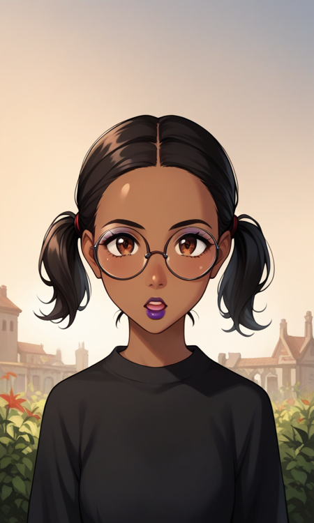 1woman, tan skin, dark skinned female, black hair, twintails, glasses, round eyewear, purple lips, makeup, brown eyes, Gothic theme, black dress, long sleeves