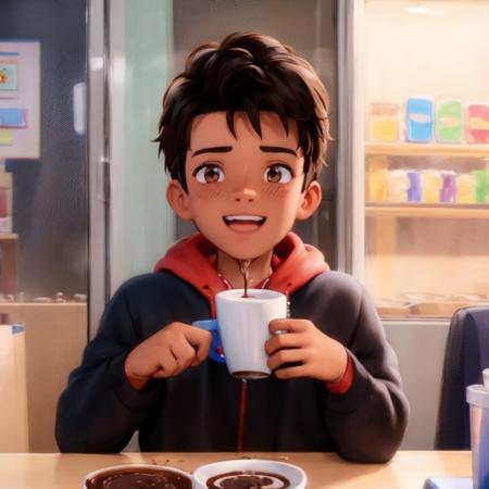 close up of a boy, happy, driking a hot chocolate, brown eyes, coffee shopping <lora:Spiderverse:0.9>