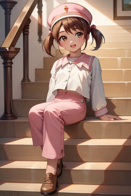 coquelicot \(sakura taisen\), brown eyes, brown hair, short twintails, white shirt, long sleeves, pink pants, brown footwear,