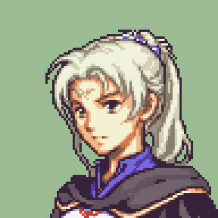 portrait of a fire emblem young princess with white hair and dark brown eyes who is a suddenly thrust into the position of the land's ruler due to the king's assassination, she wears a soft lonely expression and behind her is a simple green background, <lora:GBA Style SDXL v3:1>