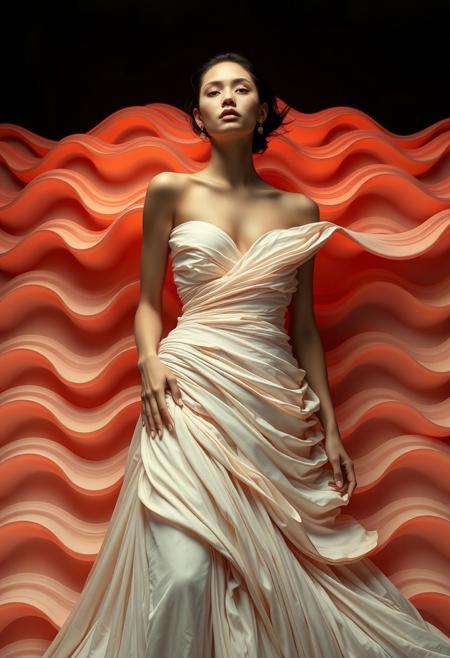 A surreal fashion portrait where the folds of a gown dissolve into a pattern of repeating, undulating waves, stylized portraiture, cinematic lighting, golden age illustration, dramatic realism, elegant posing, sculptural form, vintage glamour, editorial sophistication, rich textures, bold yet refined composition, expressive detail, timeless fashion aesthetics, modern photography meets classic illustration