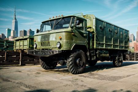 photo RAW,(<lora:gaz66:0.7>, a (Light green:1.15) truck driving down a new york), masterpiece, award winning photography, lighting, perfect composition, high detail, hyper realistic,dramatic lighting, epic