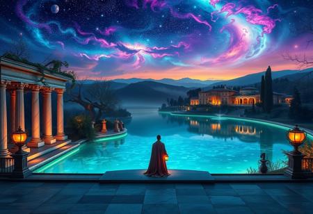 A mystical, ethereal landscape at twilight, where a glowing crystal lake lies at the center, its surface mirroring the vibrant hues of a swirling nebula sky filled with stars and distant galaxies. The shores are lined with grand, intricately designed marble columns and statues reminiscent of classical Italian architecture, their surfaces adorned with vines of glowing flora. Towering, bioluminescent trees with delicate, ornate branches glow softly against the horizon, while the distant, rolling hills are crowned with terraced villas and cascading fountains inspired by the beauty of Tuscany. Above, luminous clouds and iridescent mountains rise, their shapes almost dreamlike, as they blend with the fading light of the universe.
In the foreground, a figure draped in regal, flowing robes reminiscent of Renaissance nobility stands upon a smooth stone piazza leading to the lake. Around them, floating orbs of light and intricate runes circle, as they weave an ancient, magical spell. The air is thick with enchantment, as golden lanterns hanging from the nearby trees sway gently in the warm breeze. The entire scene is a fusion of otherworldly serenity and the timeless elegance of Italian craftsmanship, where art, nature, and magic coexist in perfect harmony.