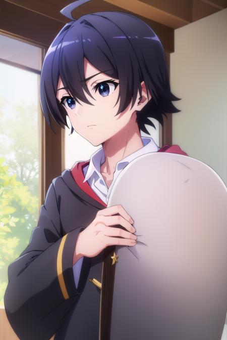 seiichihiiragi, <lora:seiichi hiiragi s2-lora-nochekaiser:1>,
seiichi hiiragi, black hair, hair between eyes, ahoge, male focus, (black eyes:1.5),
BREAK school uniform, hood, robe, shirt, white shirt, collared shirt,
BREAK indoors, classroom,
BREAK looking at viewer, (cowboy shot:1.5),
BREAK <lyco:GoodHands-beta2:1>, (masterpiece:1.2), best quality, high resolution, unity 8k wallpaper, (illustration:0.8), (beautiful detailed eyes:1.6), extremely detailed face, perfect lighting, extremely detailed CG, (perfect hands, perfect anatomy),