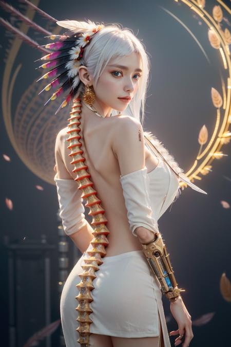 (1mechanical girl:1.4),architecture,east asian architecture,white hair,very long hair,Beautiful eyes,detached sleeves,solo,holding weapon,holding,outdoors,walking,Red Long Dress,turn head,(turn your head to look at viewer:1.3),ethereal,leaning back,standing,pose,Killer,(Left shoulder not exposed:1.4),(Exposed right shoulder:1.4),Gorgeous Headwear,Gorgeous decoration,More decorative details,,(Gorgeous sword:1.1 ),Gold decoration,(Mechanical:1.2),Cyberpunk,reinvention,((ultra realistic details)),portrait,octane render,detailed face,global illumination,ornaments detailed,egypician detail,highly intricate details,realistic light,trending on cgsociety ,glowing eyes,neon details,(machanical limbs:1.2),(mechanical spine:1.6),Metal,(masterpiece, top quality, best quality, official art, beautiful and aesthetic:1.2), (1girl:1.3), extremely detailed ,(fractal art:1.1),(colorful:1.1)(flowers:1.3),highest detailed,(zentangle:1.2), (dynamic pose), (abstract background:1.3), (many colors:1.4),(earrings) , (feathers:1.5)..