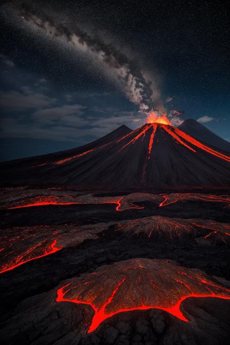 active volcano with glowing lava flow at night, dark volcanic rock textures, stars visible in the clear sky, smoke and embers in the air, ultra-detailed DSLR photo, National Geographic adventure style