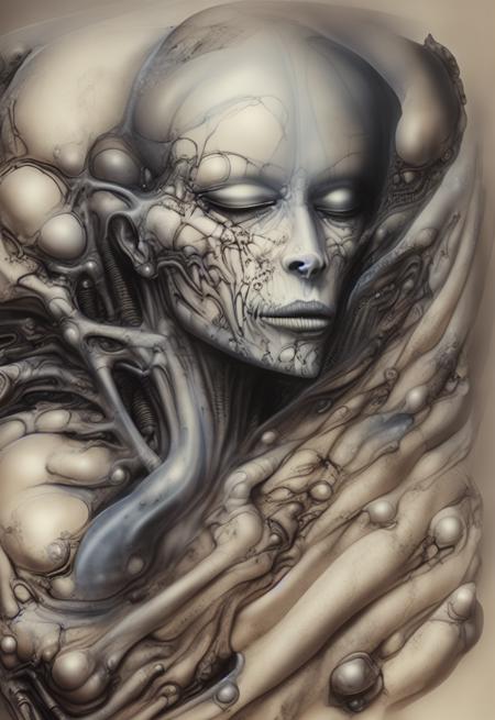 airbrush painting, portrait of a sleeping woman in HRGigerArhP style, no eyelashes, no eyebrows, bald, porcelain skin, translucent skin, eyes closed, face surrounded by organic chaos, bones, volume lighting, hazy, foggy, diffused lighting, abstract, mechanical chaos, muted colors, <lora:HRGigerArhP_v1:1>