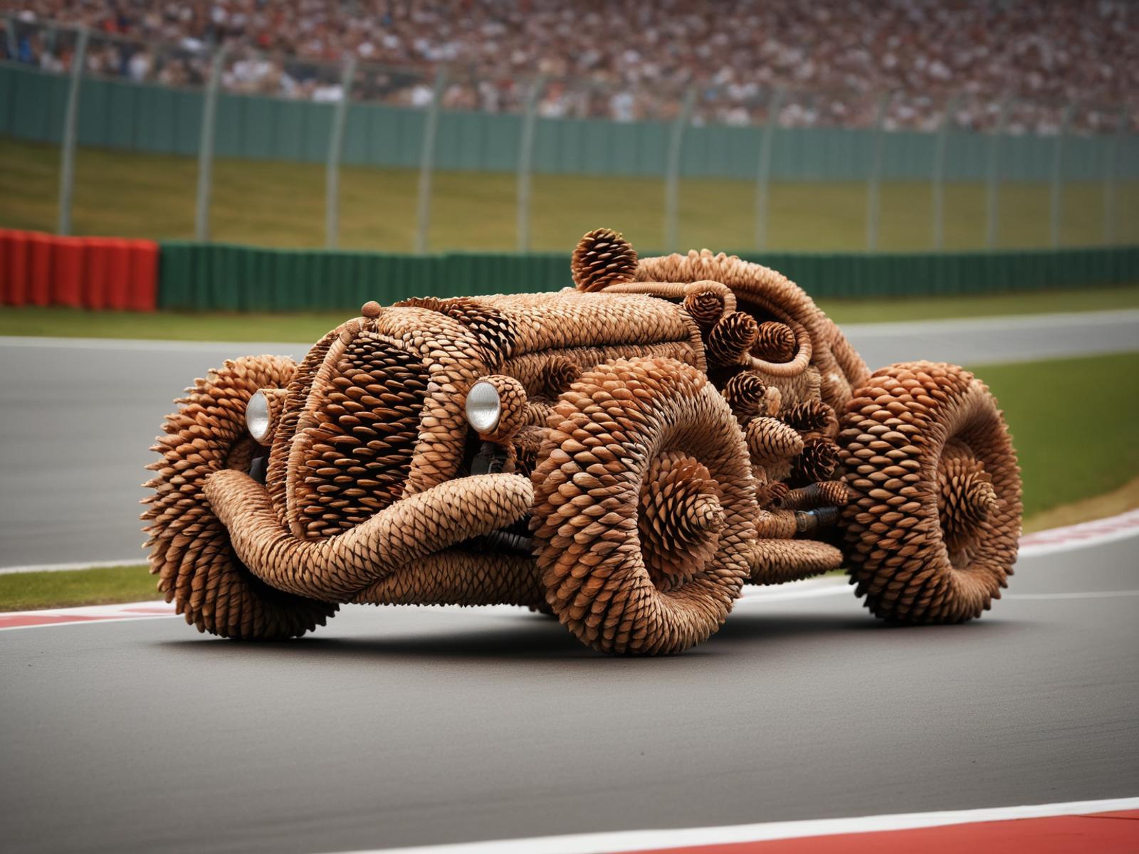 A wooden race car with spikes on the wheels is driving on a track.