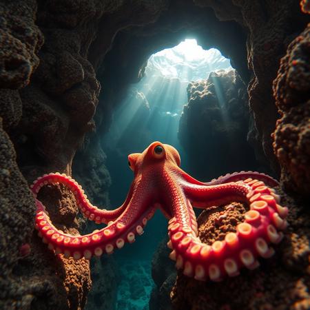 a very detailed close picture of a n octopus underwater near an intricate rock formation, sunlight pasing throw water