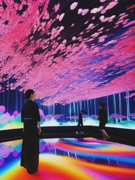 <lyco:teamLab:1.0> Teamlab, exhibition, immersion, vivid, colorful, chinese, asia, wide space, interactive, japanese, samurai, cool