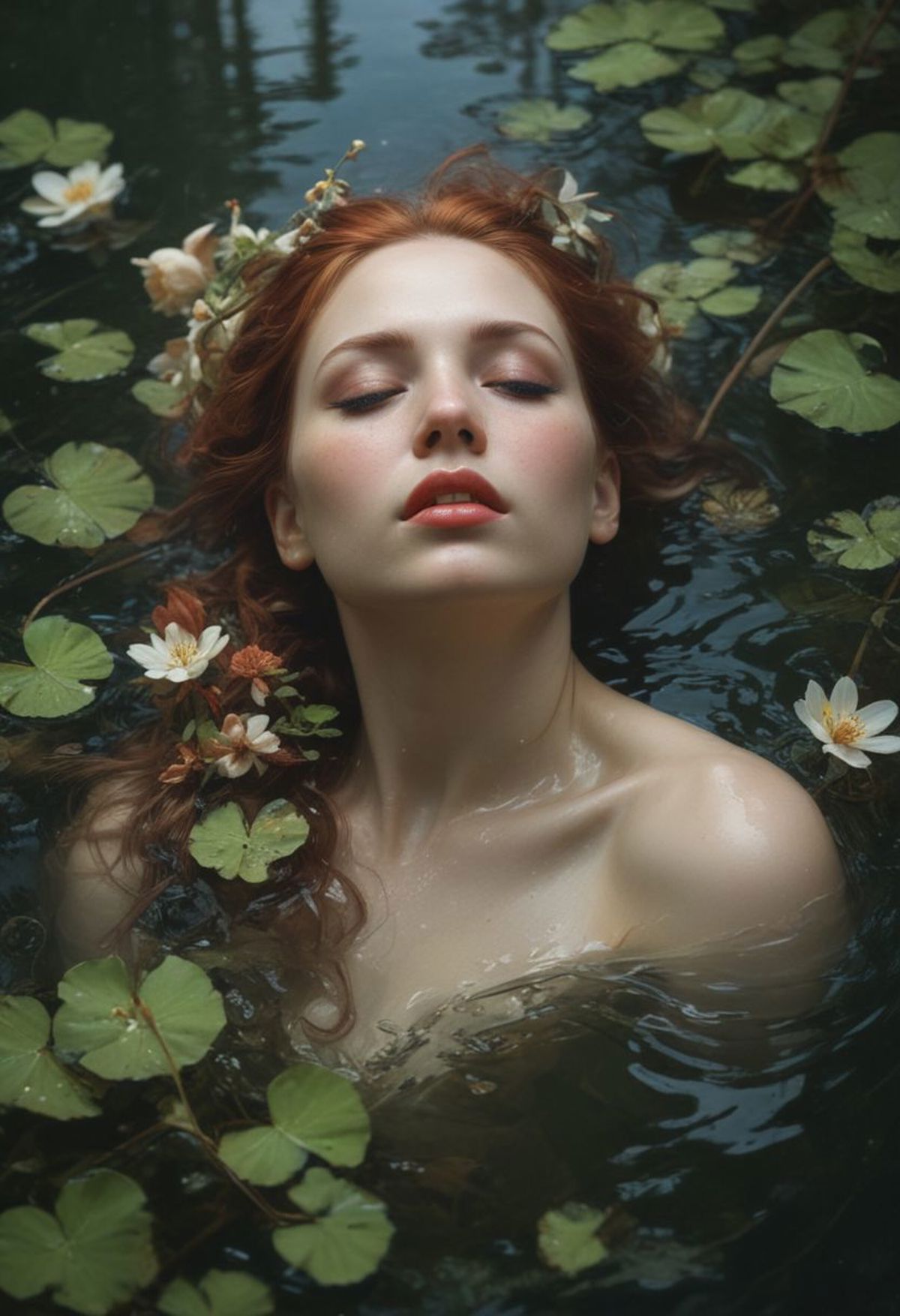 Ophelia's dream, Low saturation color photography, vintage, grunge, top light, masterful painting in the style of Anders Z...