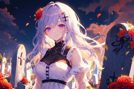 1girl, masterpiece, best quality, hyper detailed, Cinematic light, intricate_detail, highres, official art, finely detailed beautiful face, high resolution illustration, 8k, dark intense shadows, overexposure,medium white hair, messy hair, purple eyes, light smile, light glowing eyes, white dress, limited palette, black flower hair ornament, holding black rose, upper body, large breasts, detailed cloud, dark sky, gradient sky, red flower field, (eyes in shadow), depth of field, ((graveyard)), wide shot, ((tombstones))