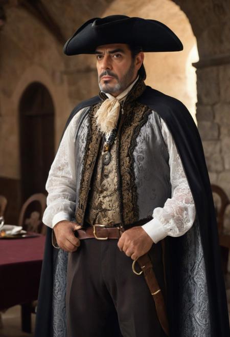 full shot of Juan Sanchez Villa-Lobos Ramirez, Overall appearance: Imposing, elegant, and distinguished. He always carries himself with confidence and refinement.
Hair: Long and dark (sometimes streaked with gray), usually slicked back.
Face: Strong features, with a well-groomed beard or clean-shaven depending on the scene. His eyes are intense, reflecting wisdom and experience.
Clothing: He wears extravagant, exotic garments for his setting—luxurious capes, lace shirts, embroidered vests, and feathered hats—showcasing his refined style and well-traveled nature.
Style: He blends the air of a Spanish nobleman from the Golden Age with the flair of a swashbuckling adventurer. He is (((looking at the viewer))), eye contact, the blurry backgrounds depicts a vaulted mediveal dining-hall with fieldstone walls