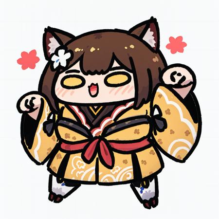 <lora:fuwafuwa:1>, 1girl, roboco-san, virtual youtuber, mechanical legs, solo, animal ears, glasses, paw pose, brown hair, mechanical arms, japanese clothes, bow, hair bow, open mouth, breasts, cat ears, yellow eyes, looking at viewer, android, hair flower, short hair, hair ornament, full body, medium breasts, kimono, white background, flower, red bow, bangs