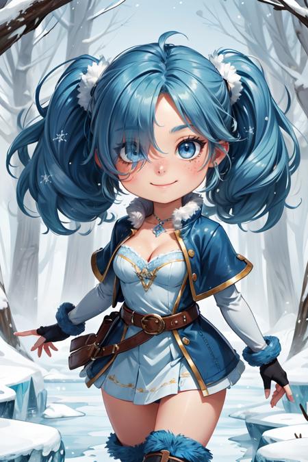 (chibi:1.2),cowboy shot ,realistic, best quality, masterpiece, realistic ,<lora:more_details:0.3>,1girl, blue hair, twintails, hair over one eye , blue eyes, hair over one eye, solo, smiling, fingerless gloves,cleavage,fur trim,belt,knee boots, blue jacket,skirt,jewelry, elbow gloves, ice kingdom, frozen wasteland, morning, (insanely detailed, beautiful detailed face, masterpiece, best quality) , <lora:stylesqueeze_v3:0.2>, <lora:GoodHands-beta2:1>