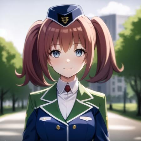 best quality, (masterpiece:1.2), illustration, absurdres,
(1girl, solo), (beautiful detailed girl), ((upper body, portrait)),
<lora:Fran2-07:0.85>, Fran Seeker, blue eyes, small_breasts, red hair, twintails,
 garrison cap, uniform, suit,
smile, happy, looking at viewer,
park, city, tall buildings, street, tree, sky, clouds, day,, ((blurry background, depth of field))