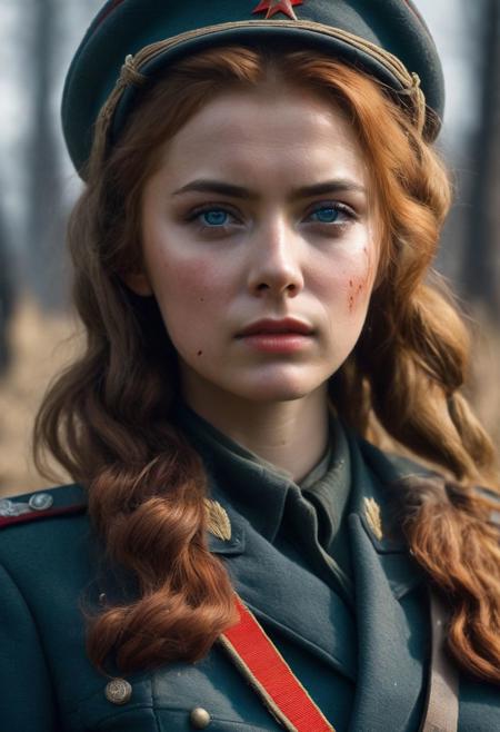 Beautiful Soviet woman soldier in WWII style, Intricately Designed Soviet brown military uniform, ultra-realistic body, realistic dirty face, bloody battle full of dirt and blood, fighting position, wavy red hair, Realistic blue eyes, big beautiful pupils, 8K, fire, dramatic war atmosphere, cinematic lighting, a stark scene from the heat of battle