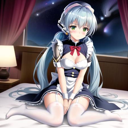 (Hoshino_yumemi:1.1), (emotionless), 1 (shy maid:1.2) (wariza on bed inside bedroom:1.3) with (endlessly growing absurdly long blue low twintail:1.1) and (green eyes:1.1) wearing (maid apron and maid headdress and white thighhighs:1.4), (the milky way and galaxy and starry tornado and starry Nebula and beautiful detailed sky outside windows:1)
{masterpiece}, {{best quality, super fine illustration}}, {very delicate light, perfect and delicate limbs}, (an extremely delicate and beautiful girl), dynamic angle, (staring blankly, lovely big eyes), beautiful detailed eyes, (absurdres, incredibly absurdres, illustration, ultra-detailed)
solo, high quality, CG, wallpaper, anime girl, long hair, (hair between eyes), (very long bangs between eyes), dense hair, cute face, two legs, detailed hair, (very detailed hair), (beautiful eyes), 
(Hoshino_yumemi:1.05), (emotionless), 1 (shy maid:1.3) (wariza on bed inside bedroom:1.2) with (endlessly growing absurdly long blue low twintail:1.1) and (green eyes:1.0) wearing (maid apron and maid headdress and white thighhighs:1.3), (the milky way and galaxy and starry tornado and starry Nebula and beautiful detailed sky outside windows:1.1), (small breasts and cleavage:1.1), (wariza:1.3), (emotionless and shy and blush:1.3), (very thick thighs)