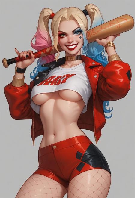 score_9, score_8_up, score_7_up, 1girl, solo, harley quinn, blonde, 2 ponytails, jacket, crop white t-shirt, underboob, black tight shorts, fishnet tights, petite body, wide hips, medium breasts, baseball bat behind neck, holds baseball bat, evil grin