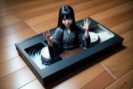 <lora:video:0.7>,a woman sitting on top of a black box on a wooden floor with her hands out in the air, 1girl, in_container, photo_\(medium\), solo, tatami, unconventional_media, wooden_floor 1girl, solo, long hair, breasts, looking at viewer, smile, open mouth, bangs, black hair, long sleeves, cleavage, medium breasts, very long hair, closed mouth, upper body, japanese clothes, teeth, artist name, indoors, wide sleeves, blunt bangs, kimono, water, black eyes, english text, lips, hands up, sash, blood, shadow, colored skin, obi, phone, table, cellphone, monster girl, shaded face, pale skin, facing viewer, faceless, partially submerged, reflection, minigirl, ghost, yukata, wooden floor, hime cut, chromatic aberration, hair over eyes, triangular headpiece, in container, television, grey skin, ripples, no eyes, faceless female, open hands, film grain, horror (theme), surreal, washing machine, VHS