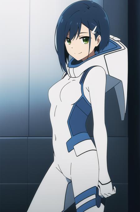 (masterpiece), high quality, highly detailed background, 1girl, solo,
<lora:FranxxIchigo-v2-03:0.65>, ChopioFranxxIchigo, short hair, blue hair, green eyes, hair ornament, hair clip, looking at viewer,
outfit_2, white bodysuit, pilot suit, skin tight, hood, hood down,
smile, standing, from side, medium breasts,