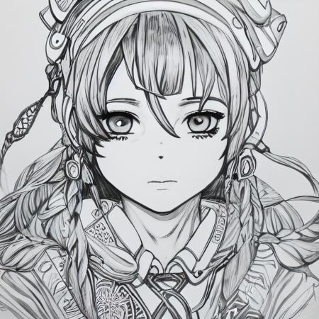 DBlinebrush style, masterpiece, 1girl, beautiful portrait of anime female adventurer, monochrome