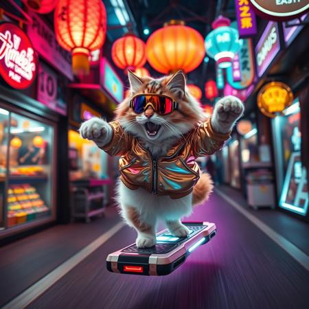 A vibrant, neon-lit scene of a fluffy cat in a shiny jacket and visor goggles zipping through a futuristic street market on a sleek hoverboard. The cat performs a trick mid-air, with one foot extended and the other curled. Market stalls glow with LED signs, and holographic lanterns float overhead. The cat's face shows pure exhilaration, with blurred motion trails highlighting the stunt.
