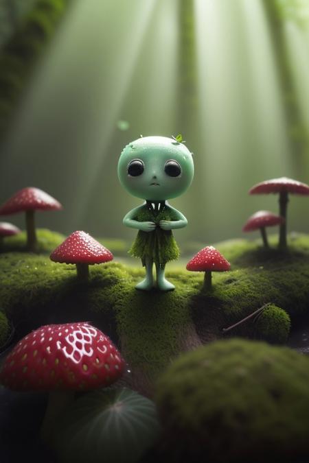 A breathtaking, ultra high-resolution (8K) macro photograph of a small Kodama forest spirit inspired by Studio Ghibli, standing on a mossy forest floor. This Kodama has the whimsical body shape of a classic Kodama, but its skin resembles the surface of a ripe strawberry—vivid red with tiny yellow seeds and a glossy texture. On top of its head, a small cluster of fresh green leaves forms a leafy crown, reminiscent of a strawberry stem. The Kodama’s large, expressive, dark eyes gaze curiously at the viewer, radiating innocence and wonder. Dewdrops glisten on the vibrant green moss and miniature mushrooms surround the Kodama, enhancing the sense of magical realism. Soft, ethereal rays of sunlight filter through lush, out-of-focus foliage in the background, creating a dreamy, enchanting atmosphere. The photo is hyper-detailed, with shallow depth of field and beautiful bokeh, capturing every tiny detail of the Kodama’s strawberry-textured skin, the moss, and the natural environment. The mood is whimsical, mysterious, and enchanting, evoking the spirit of classic Ghibli animation.