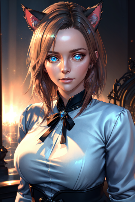 Kitch, sparkling blue eyes, Voluptuous, large breasts, formal blouse,  ProfessionalDetail <lora:Kitch_Full:0.4> AmericanHeritage-Pos DSLRQuality-Realism, Miqo'te, cat ears, animal ears,