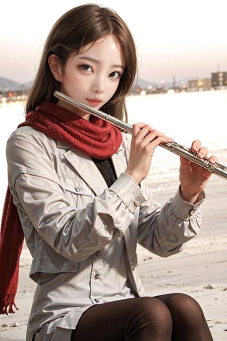 1girl, playing flute, flute, masterpiece, best quality, 8k, outdoor, scarf, snow,
 <lora:brass_flute:0.67>