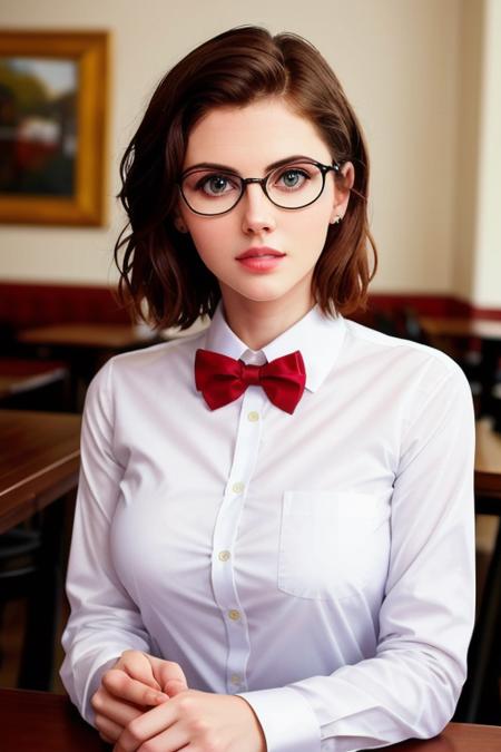 A photo of a young, nerdy woman sitting in a cafe, alexdad:0.99, ((wearing a white collared shirt and a red bowtie)), surrounded by a cozy atmosphere, looking at the viewer, ((short hair, glasses)), slender, red lips, transparent fabric, flirting with the camera, (closeup, portrait), fully clothed, ((extreme details, high resolution, best quality, masterpiece))