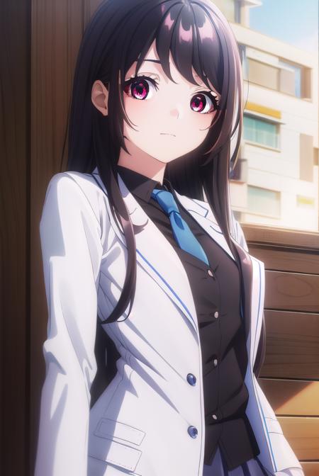 kaorihoujou, <lora:kaori houjou s1-lora-nochekaiser:1>,
kaori houjou, long hair, bangs, (black hair:1.5), (red eyes:1.3), sidelocks, smile,
BREAK skirt, shirt, long sleeves, school uniform, jacket, necktie, collared shirt, uniform, (black shirt:1.5), (white jacket:1.5), blue necktie,
BREAK indoors, classroom,
BREAK looking at viewer, (cowboy shot:1.5),
BREAK <lyco:GoodHands-beta2:1>, (masterpiece:1.2), best quality, high resolution, unity 8k wallpaper, (illustration:0.8), (beautiful detailed eyes:1.6), extremely detailed face, perfect lighting, extremely detailed CG, (perfect hands, perfect anatomy),