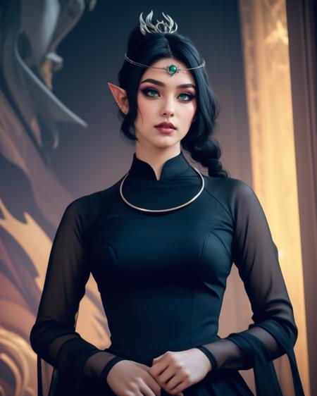 Gothic style photogenic adult woman, beautiful,  eyeliner, eyeshadow, makeup, purple lips ((see-through)),  wearing leather black dress, dr3ss,  <lora:Outfit_AoDai:0.75>, high quality, best quality, highres, 8k, rim lighting, night , large breasts, grand hall palace backdrop, necklace, photo by tommy ton and Alessia Albi, bokeh  <lora:Char_bg3-ShadowheartbyDocS-LORA:0.8> dsshadowheart, black hair, long hair, ponytail, bangs, braid, hair ornament, pointy ears, green eyes, circlet . Dark, mysterious, haunting, dramatic, ornate, detailed