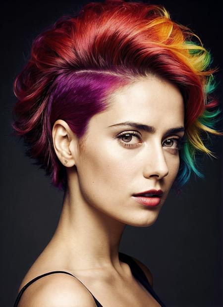 portrait of sks woman by Flora Borsi, style by Flora Borsi, bold, bright colours, rainbow Mohawk haircut, ((Flora Borsi)), <lora:lora_salma_v1_from_v1_160:1>