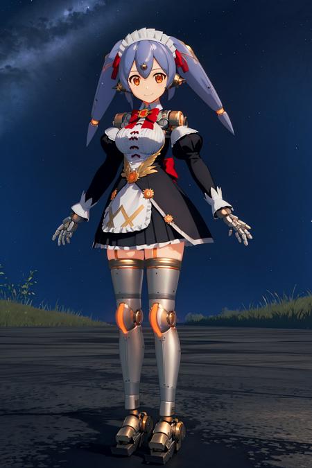 <lora:hanajkV1:0.8>,hanajkmaid,1girl,robot joints,robot,robot spikes ears,blue high twintails,long hair,purple hair,blue hair,whihte maid headdress,red long hair ribbon,orange eyes,game3d style||red bowtie,large breasts,long juliet sleeves,white maid apron black short dress,white thighhighs with gold trim,oragnge garter straps,outdoors,panties,smile,full body,, Exquisite visuals, high-definition,masterpiece,best quality,Exquisite visuals,high-definition,masterpiece,best quality,18yo,Young female,Beautiful Fingers,Beautiful long legs,Beautiful body,Beautiful character design,