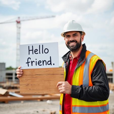 A man wearing a hard hat on a construction site holds a sign that reads: Hello friend