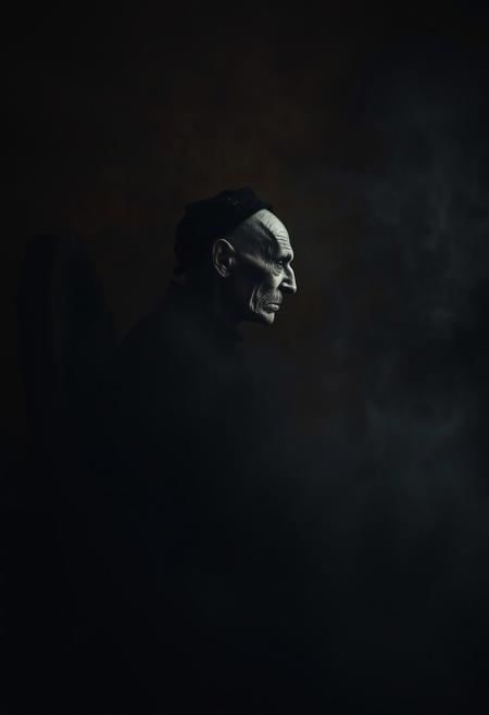 Gothic. Dim light, dramatic light, chiaroscuro, swirling black fog across a burnt umber background. In the distance, almost hidden in the fog, seen in profile, the suggestion of a thin, grey man's face seated on a stone chair in the dark, incredibly old, exhausted, mummified, shadowy sunken eyes, and on his bald head, a black skullcap.