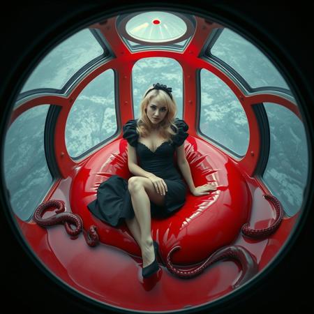 Beautiful blonde french maid is seen through giant observation blister of flying saucer. She wears flirty black glossy satin outfit and high heels, kneeling fully encased in transparent slime egg, laying at giant red liquid slime pillow in center of flying saucer cabin. entangled with tentacles  Cinematic film still, shot on v-raptor XL, film grain, vignette, color graded, post-processed, cinematic lighting, 35mm film, live-action, best quality, atmospheric, a masterpiece, epic, stunning, dramatic. view  from above, view outside flying saucer