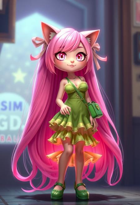 Realistic anime. 3d Pixar , Cat girl with neon pink hair that reaches the floor, sparkling pale pink eyes, voluptious, big boobs, wearing a short, slutty, green sundress with a ridiculous amount of frilly ruffles on the hem, cleavage, cute face, ribbons in hair, green Mary Jane shoes, green cross body purse,  glow, god rays, ethereal, dreamy, heavenly, otherworldly, dream-like, breathtaking, captivating, divine, Bioluminescent,