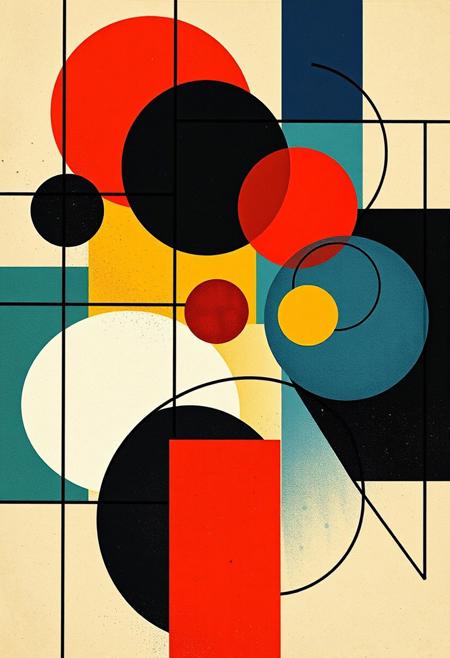 An abstract composition inspired by the style of Wassily Kandinsky, featuring dynamic geometric shapes, bold lines, and vibrant colors. The image should include circles, triangles, and rectangles, interplaying with each other in a harmonious yet energetic arrangement. The forms should be non-representational, with a sense of movement and fluidity. Use contrasting colors to create depth and tension, and emphasize the use of lines and curves to lead the viewer’s eye through the composition. The overall mood should evoke a sense of rhythm and visual harmony, with the complexity of the shapes balanced by a sense of simplicity in the design.