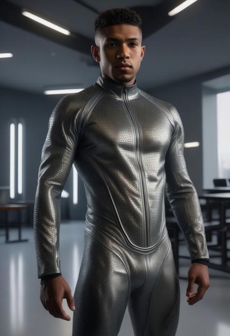 a strong 24-year-old brazillian male with brown skin, with undercut hair, glazed face, ((((((hypnotized expression)))))), wearing a skin tight latex jockstrap over his latex suit, wearing a skin tight gray latex cybernetic suit with dark-gray and silver latex details, standing at attention posture,  inside a modern university futuristic  classroom, looking to the camera, detailed face, Cinematic, Photoshoot, Shot on 25mm lens, Depth of Field, Tilt Blur, Shutter Speed 1/1000, F/22, White Balance, 32k, Super-Resolution, Pro Photo RGB, Half rear Lighting, Backlight, Dramatic Lighting, Incandescent, Soft Lighting, Volumetric, Conte-Jour, Global Illumination, Screen Space Global Illumination, Scattering, Shadows, Rough, Shimmering, Lumen Reflections, Screen Space Reflections, Diffraction Grading, Chromatic Aberration, GB Displacement, Scan Lines, Ambient Occlusion, Anti-Aliasing, FKAA, TXAA, RTX, SSAO, OpenGL-Shader s, Post Processing, Post-Production, Cell Shading, Tone Mapping, CGI, VFX, SFX, insanely detailed and intricate, hyper maximalist, elegant, dynamic pose, photography, volumetric, ultra-detailed, intricate details, super detailed, ambient