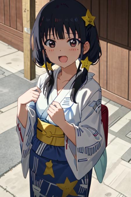 best quality, masterpiece, highres, solo, {yukata:1.40}, {kimono:1.20}, {akutsu_ruri_ahogirl:1.15}, black_hair, star_\(symbol\), twintails, hair_ornament, brown_eyes, open_mouth, long_hair, star_hair_ornament